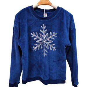 Holiday Time Blue Fuzzy Sweater Silver Sequin Top Holiday Party Festive Mediuim